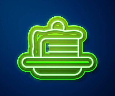 Parlayan neon hattı pasta simgesi mavi arkaplanda izole edildi. Doğum günün kutlu olsun. Vektör.