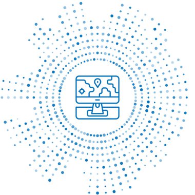 Mavi çizgi bilgisayar monitörü ve katlanmış harita beyaz arkaplanda izole edilmiş konum imleci simgesi. Soyut çember rastgele noktalar. Vektör.