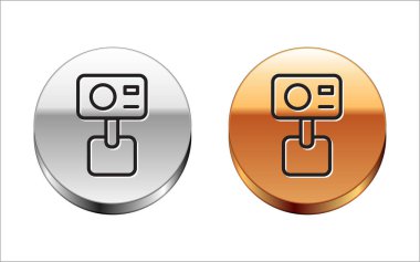 Siyah çizgi Eylem ekstrem kamera simgesi beyaz arkaplanda izole edildi. Ekstrem sporları çekmek için video kamera ekipmanı. Gümüş-altın halka düğmesi. Vektör.