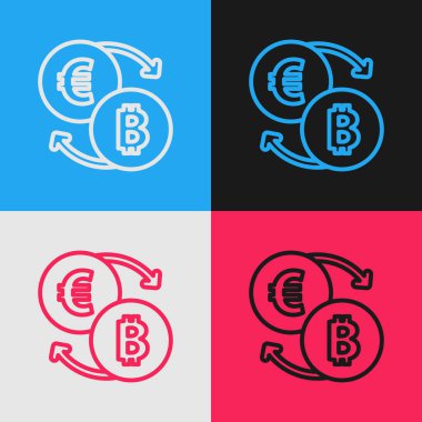 Pop sanat çizgisi Kripto döviz simgesi renk arkaplanında izole edildi. Bitcoin 'den Euro takas simgesine. Kripto para teknolojisi, mobil bankacılık. Vektör.