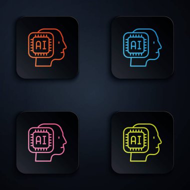 Renkli neon çizgisi İnsansı robot simgesi siyah arkaplanda izole edildi. Yapay zeka, makine öğrenme, bulut hesaplama. Kare düğmelere simgeleri yerleştir. Vektör.