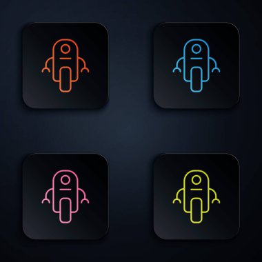 Renkli neon çizgisi robot simgesi siyah arkaplanda izole edildi. Yapay zeka, makine öğrenme, bulut hesaplama. Kare düğmelere simgeleri yerleştir. Vektör.