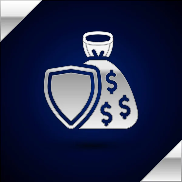 Silver Shield Money Bag Met Dollar Symbool Pictogram Geïsoleerd Donkerblauwe — Stockvector
