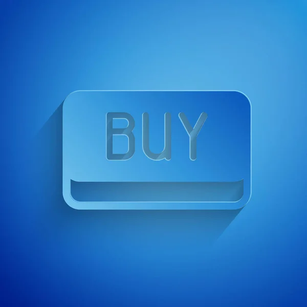 ペーパーカット青の背景に隔離された購入ボタンのアイコン 株式投資市場の概念 紙のアートスタイル ベクトル — ストックベクタ