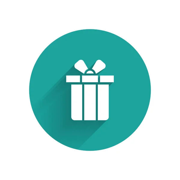 白色礼品盒图标与长长的阴影隔离 圣诞快乐 新年快乐 绿色圆环按钮 — 图库矢量图片