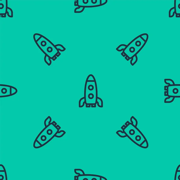 Blue Line Rocket Ship Icon Isolated Seamless Pattern Green Background — Stock Vector