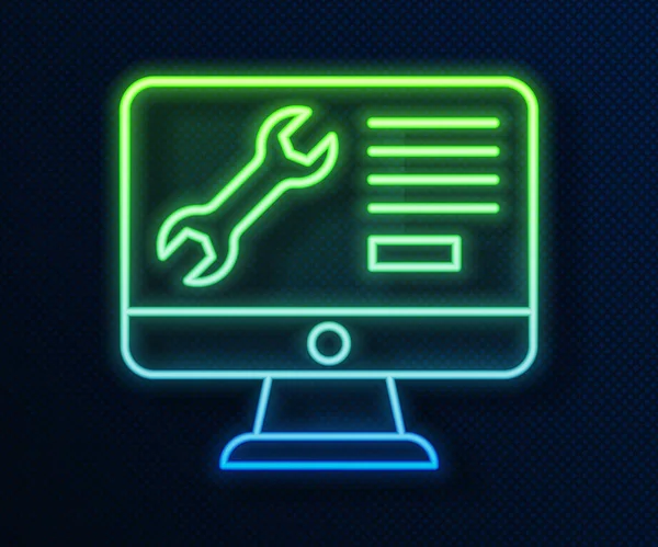Zářící Neonová Čára Počítačový Monitor Ikonou Klíče Izolovaný Modrém Pozadí — Stockový vektor