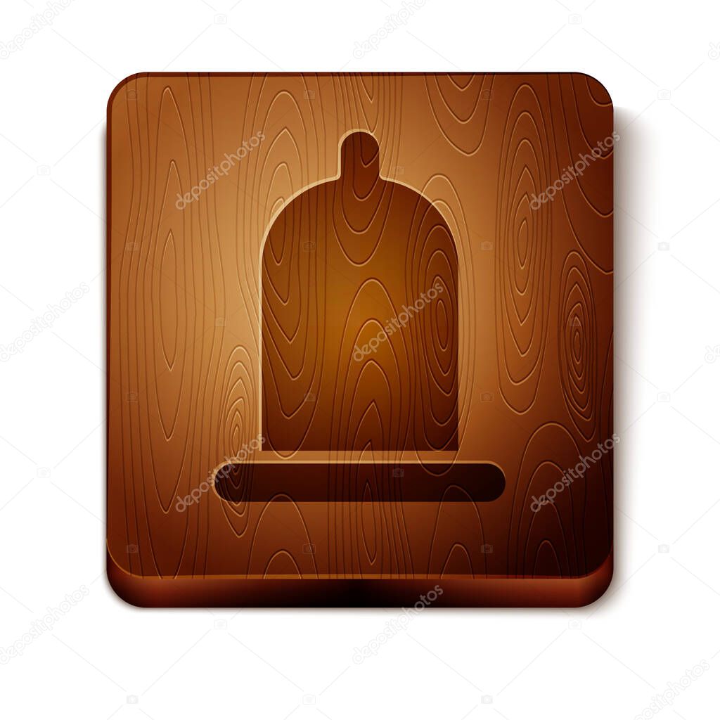 Brown Condom safe sex icon isolated on white background. Safe love symbol. Contraceptive method for male. Wooden square button. Vector Illustration.