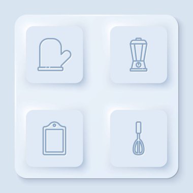 Fırın eldiveni, blender, kesme tahtası ve mutfak çırpıcı ayarlayın. Beyaz kare düğme. Vektör.