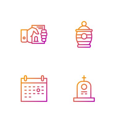 Mezar taşıyla Mezar, Takvim ölümü, Ölüm sertifikası ve Cenaze Vazosu. Renk simgeleri. Vektör.