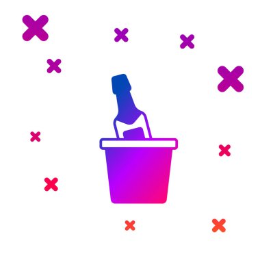 Beyaz arka planda izole edilmiş buz kovası ikonundaki şampanya şişesi. Kademeli rastgele dinamik şekiller. Vektör.