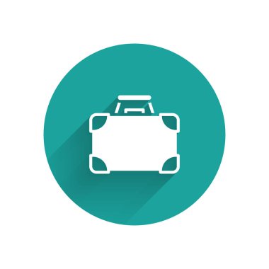 Beyaz evrak çantası ve para ikonu uzun gölgeli izole edilmiş. İş ilanı. İş portföyü. Yeşil daire düğmesi. Vektör.