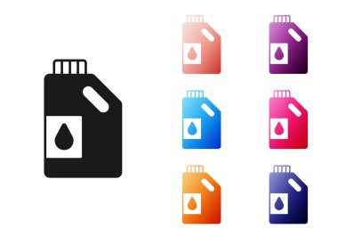 Beyaz arka planda izole edilmiş motor makine yağı ikonu için siyah kutu. Benzin bidonu. Yağ değiştirme ve onarım servisi. Motor yağı işareti. Simgeleri renklendirin. Vektör.
