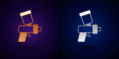 Siyah arka planda altın ve gümüş renkli sprey tabanca ikonu var. Vektör.