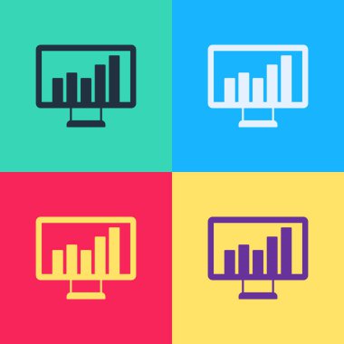 Grafik çizelgesi simgesi olan pop sanat bilgisayar monitörü renk arkaplanında izole edildi. Metin dosyasını rapor et. Muhasebe tabelası. Denetim, analiz, planlama. Vektör.