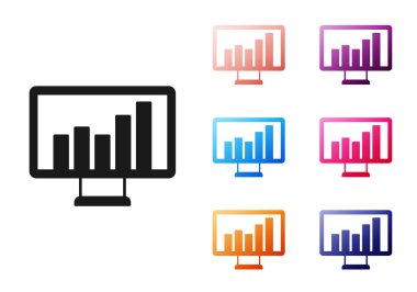 Grafik çizelgesi simgesi beyaz arkaplanda izole edilmiş siyah bilgisayar monitörü. Metin dosyasını rapor et. Muhasebe tabelası. Denetim, analiz, planlama. Simgeleri renklendirin. Vektör.
