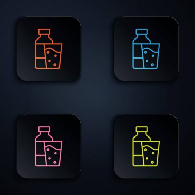 Siyah zemin üzerinde cam simge olan neon renkli bir şişe su. Soda su içme tabelası. Kare düğmelere simgeleri yerleştir. Vektör.