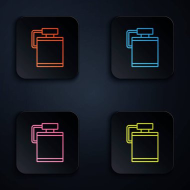 Renkli neon hattı kantin su şişesi simgesi siyah arkaplanda izole edildi. Turist matarası ikonu. Kampanyada bir kavanoz su kullanıldı. Kare düğmelere simgeleri yerleştir. Vektör.