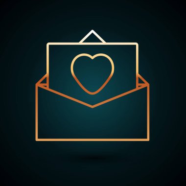 Sevgililer Günü kalp ikonlu altın renkli zarf koyu mavi arka planda izole edilmiş. Mesaj aşkım. Aşk ve romantizm mektubu. Vektör.