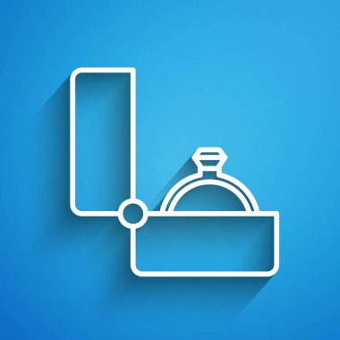 Beyaz çizgi Diamond nişan yüzüğü ikonu mavi arka planda izole edildi. Uzun gölge. Vektör.