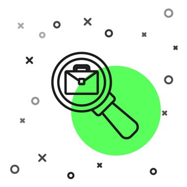 Beyaz arka planda izole edilmiş evrak çantası simgesi olan siyah çizgi büyüteç. İş avı ikonu. İş arama konsepti. İşsizlik, kelle avcılığı, kariyer. Vektör.