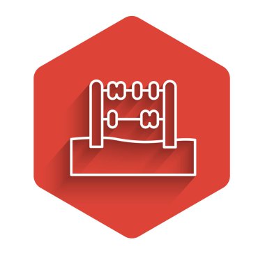 Beyaz çizgi Abaküs simgesi uzun gölgeli izole edilmiş. Geleneksel sayım çerçevesi. Eğitim işareti. Matematik okulu. Kırmızı altıgen düğmesi. Vektör.