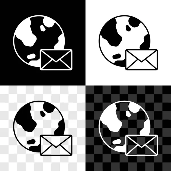 Stel Aarde Bol Met Post Mail Pictogram Geïsoleerd Zwart Wit — Stockvector