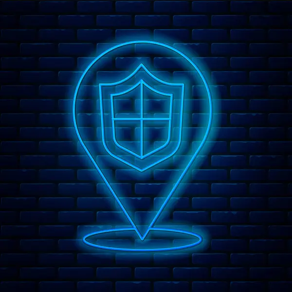 Glowing Neon Line Location Shield Icon Isolated Brick Wall Background — Stock Vector