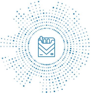 Mavi çizgi sigara kutusu simgesi beyaz arkaplanda izole edildi. Sigara paketleri. Soyut çember rastgele noktalar. Vektör.