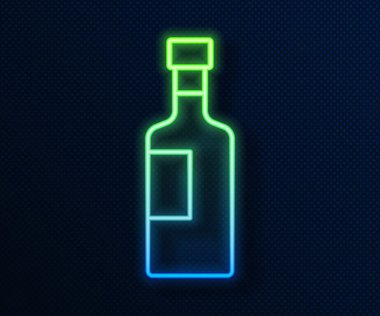 Parlayan neon hattı şarap şişesi ikonu mavi arka planda izole edilmiş. Vektör.