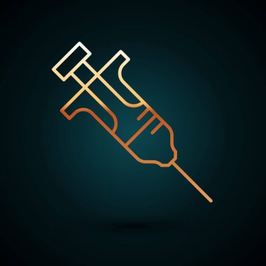 Altın renkli şırınga ikonu koyu mavi arkaplanda izole edildi. Aşı için şırınga, aşı, iğne, grip aşısı. Tıbbi ekipman. Vektör.