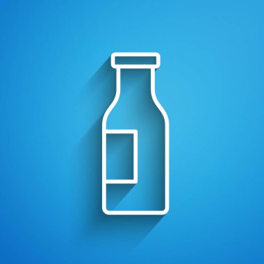 Mavi arka planda izole edilmiş süt ikonu olan beyaz çizgi kaplı cam şişe. Uzun gölge. Vektör.