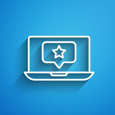 Mavi arkaplanda yıldız simgesi olan beyaz çizgi dizüstü bilgisayar. Favori, en iyi derecelendirme, ödül sembolü. Uzun gölge. Vektör.