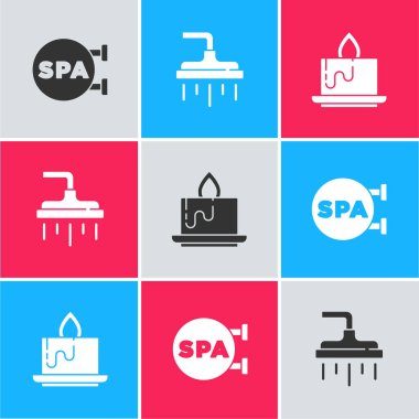 Spa salonunu, duş başlığını ve Aroma mum ikonunu ayarla. Vektör.