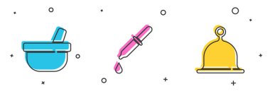 Havan topu ve tokmak, Pipette ve Sauna şapka ikonu. Vektör.