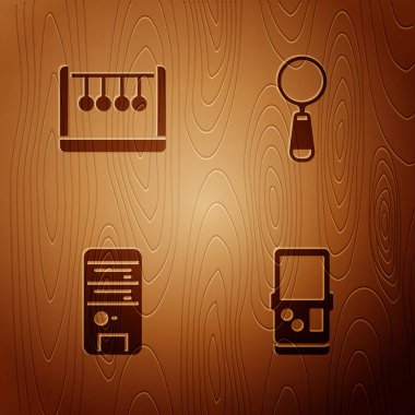 Tetris, Sarkacı, Bilgisayar ve Büyüteç 'i tahta zemine yerleştir. Vektör.