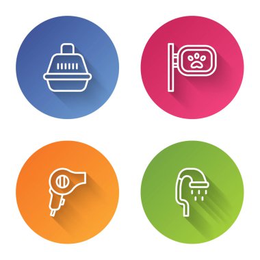 Hayvan taşıma çantası, tımar, saç kurutma makinesi ve duş. Renkli daire düğmesi. Vektör.