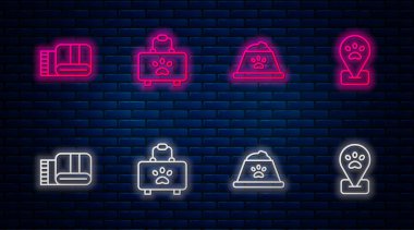 Pet ilk yardım kiti, yemek kasesi, havlu yığını ve evcil hayvan tımarı. Tuğla duvarda parlayan neon simgesi. Vektör.