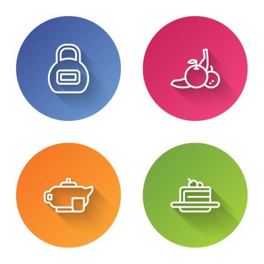 Kettlebell, Fruit, Teapot ve Cake 'i sıraya dizin. Renkli daire düğmesi. Vektör.