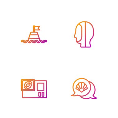 Deniz taraklı deniz kabuğu, aksiyon kamerası, yüzen şamandıra ve dalış kaputu. Renk simgeleri. Vektör.