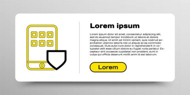 Beyaz zemin üzerinde kalkan simgesi olan cep telefonu hattı. Akıllı telefon sigortası. Güvenlik, güvenlik, koruma, konsept koruma. Renkli taslak konsepti. Vektör.