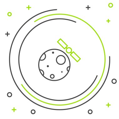 Dünya 'nın yörüngesindeki çizgi yapay uyduları beyaz arka planda izole edilmiş dış uzay ikonunda. İletişim, navigasyon konsepti. Renkli taslak konsepti. Vektör.