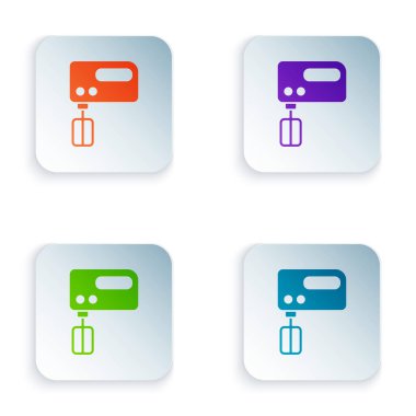 Renkli Elektrik Karıştırıcı simgesi beyaz arkaplanda izole edildi. Mutfak blenderi. Kare düğmelere renkli simgeleri yerleştir. Vektör.