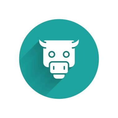 Beyaz Boğa pazar simgesi uzun gölgelerle izole edilmiş. Finansal ve borsa yatırım konsepti. Yeşil daire düğmesi. Vektör.