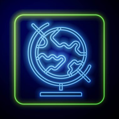 Parlayan neon ışıklı dünya ikonu mavi arka planda izole edildi. Vektör.