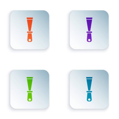 Beyaz arkaplanda izole edilmiş renk macunu bıçak ikonu. Spatula tamir aleti. Yağma ya da boya aletleri. Kare düğmelere renkli simgeleri yerleştir. Vektör.