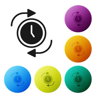 Beyaz zemin üzerinde ok simgesi olan siyah saat. Zaman sembolü. Saat yönünde döndürme simgesi ok ve zaman. Simgeleri renk daire düğmelerine ayarla. Vektör.