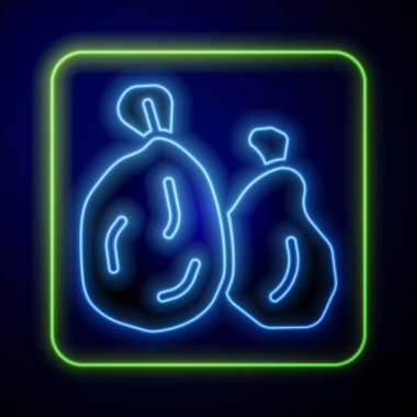 Parlayan neon renkli çöp torbası ikonu mavi arkaplanda izole edilmiş. Vektör.