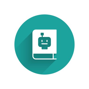 Beyaz Kullanıcı elle simgesi uzun gölgeyle izole edildi. Kullanıcı rehberi kitabı. Talimat işareti. Kullanmadan önce oku. Yeşil daire düğmesi. Vektör.