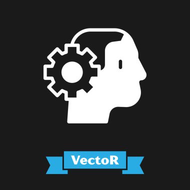 Beyaz İnsansı robot simgesi siyah arkaplanda izole edildi. Yapay zeka, makine öğrenme, bulut hesaplama. Vektör.